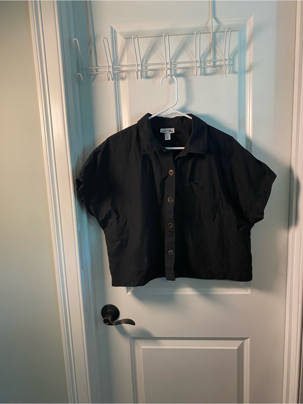 Future Collective Boxy Short-Sleeve Cropped Black Button-Up Top